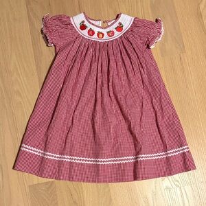 Red Smock Gingham Kids Dress with Embroidered Apples and Worm - Back To School